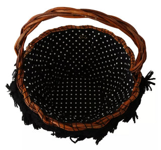 Dolce &amp; Gabbana Black Beige Straw Basket Tote Pom Pom Crystals Bag