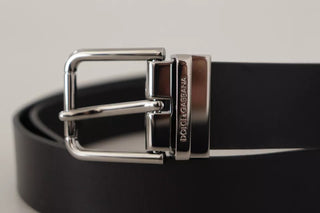 Dolce &amp; Gabbana Black Calf Leather Logo Engraved Metal Buckle Belt