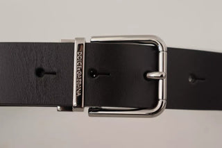 Dolce &amp; Gabbana Black Calf Leather Logo Engraved Metal Buckle Belt