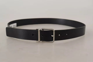 Dolce &amp; Gabbana Black Calf Leather Logo Engraved Metal Buckle Belt