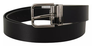 Dolce &amp; Gabbana Black Calf Leather Logo Engraved Metal Buckle Belt