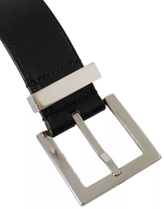 Dolce &amp; Gabbana Black Leather Beige Strap Silver Metal Buckle Belt