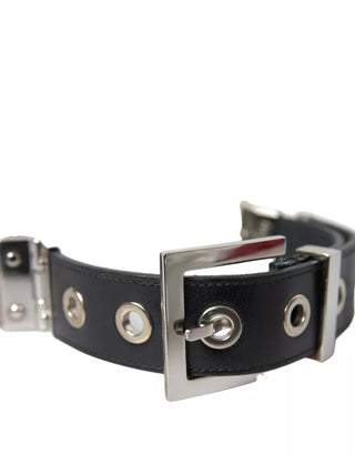 Dolce &amp; Gabbana Black Leather Beige Strap Silver Metal Buckle Belt