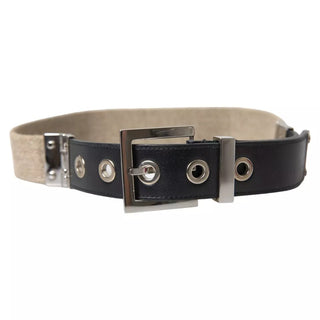 Dolce &amp; Gabbana Black Leather Beige Strap Silver Metal Buckle Belt