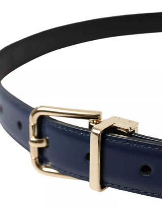 Dolce &amp; Gabbana Blue Leather Gold Metal Buckle Men Belt