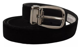 Dolce &amp; Gabbana Black Velvet Silver Tone Metal Logo Buckle Belt