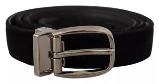 Dolce &amp; Gabbana Black Velvet Silver Tone Metal Logo Buckle Belt