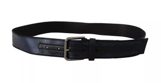 Dolce &amp; Gabbana Blue Black Logo Print Silver Buckle Belt