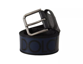 Dolce &amp; Gabbana Blue Black Logo Print Silver Buckle Belt