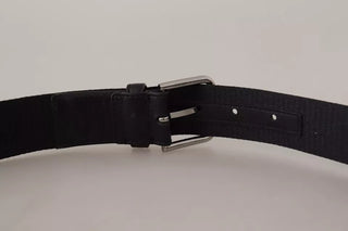 Dolce &amp; Gabbana Blue Black Logo Print Silver Buckle Belt