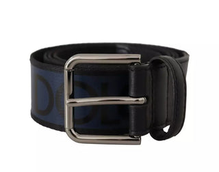 Dolce &amp; Gabbana Blue Black Logo Print Silver Buckle Belt