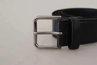 Dolce &amp; Gabbana Blue Black Logo Print Silver Buckle Belt