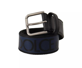 Dolce &amp; Gabbana Blue Black Logo Print Silver Buckle Belt