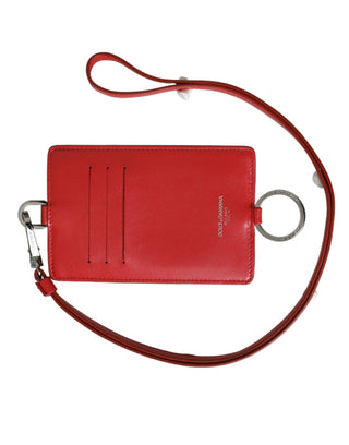 Dolce &amp; Gabbana Red Calfskin Leather Lanyard Logo Card Holder Wallet