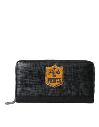 Dolce &amp; Gabbana Black Leather Logo Patch Zip Around Continental Wallet