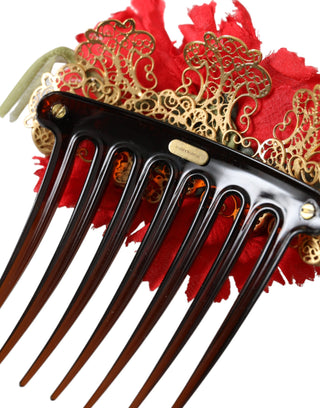 Dolce &amp; Gabbana Red Silk Floral Gold Brass Women Hair Comb