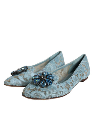 Dolce &amp; Gabbana Blue Lace Crystal Ballet Flats Loafers Shoes