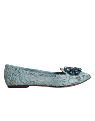 Dolce &amp; Gabbana Blue Lace Crystal Ballet Flats Loafers Shoes