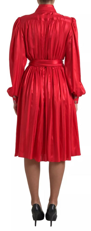 Dolce &amp; Gabbana Elegant Red Silk Midi Dress with Button Detail