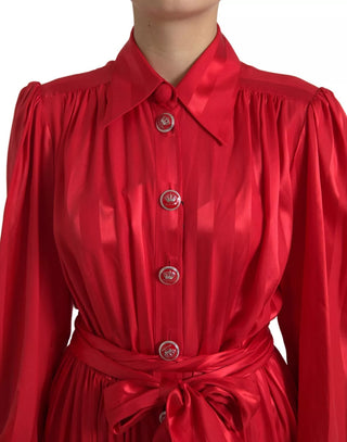 Dolce &amp; Gabbana Elegant Red Silk Midi Dress with Button Detail