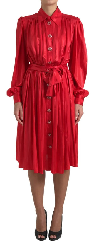 Dolce &amp; Gabbana Elegant Red Silk Midi Dress with Button Detail