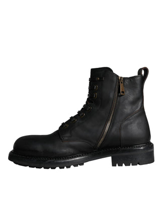 Dolce &amp; Gabbana Black Lace Up Mid Calf Boots Men Shoes