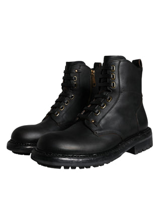 Dolce &amp; Gabbana Black Lace Up Mid Calf Boots Men Shoes