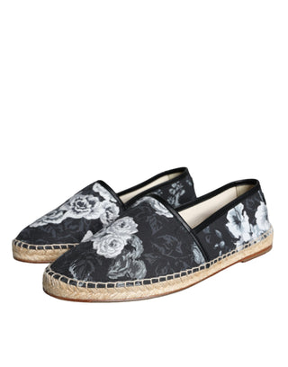 Dolce &amp; Gabbana Black Floral Cotton Leather Espadrilles Shoes