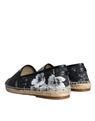 Dolce &amp; Gabbana Black Floral Cotton Leather Espadrilles Shoes