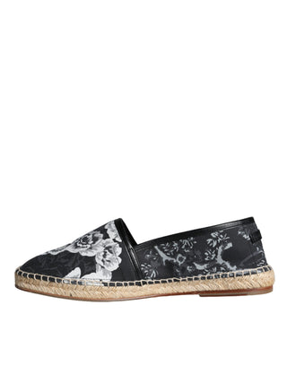 Dolce &amp; Gabbana Black Floral Cotton Leather Espadrilles Shoes