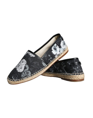 Dolce &amp; Gabbana Black Floral Cotton Leather Espadrilles Shoes