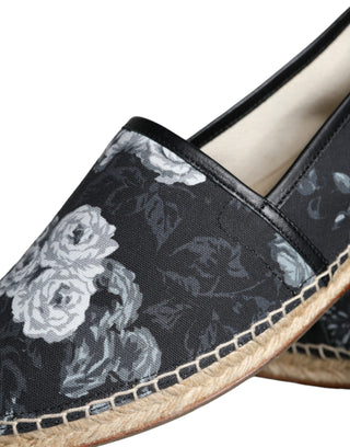 Dolce &amp; Gabbana Black Floral Cotton Leather Espadrilles Shoes