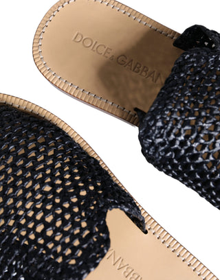 Dolce &amp; Gabbana Black Monochrome Braided Raffia Slides Shoes