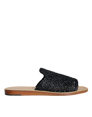 Dolce &amp; Gabbana Black Monochrome Braided Raffia Slides Shoes