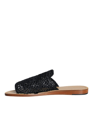 Dolce &amp; Gabbana Black Monochrome Braided Raffia Slides Shoes