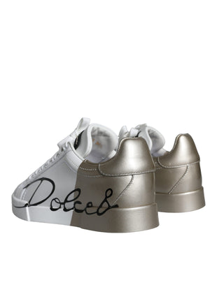 Dolce & Gabbana White Gold Portofino Low Top Leather Sneakers Shoes