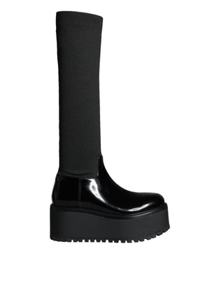 Dolce & Gabbana Black Leather Jersey Knee High Boots Shoes