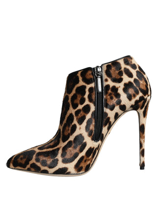 Dolce &amp; Gabbana Brown Leopard Calf Fur Heels Ankle Boots Shoes