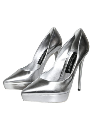 Dolce &amp; Gabbana Silver Leather Platform Heels Pumps Shoes