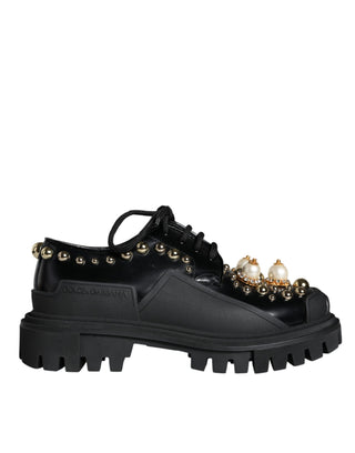 Dolce &amp; Gabbana Black Leather Trekking Derby Embellished Shoes