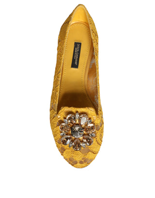 Dolce &amp; Gabbana Mustard Lace Crystal Ballet Flats Loafer Shoes