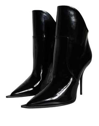 Dolce &amp; Gabbana Black Patent Leather Pointed Ankle Boots Shoes