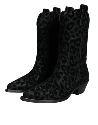 Dolce &amp; Gabbana Black Gray Leopard Cowboy Boots Shoes