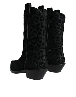 Dolce &amp; Gabbana Black Gray Leopard Cowboy Boots Shoes