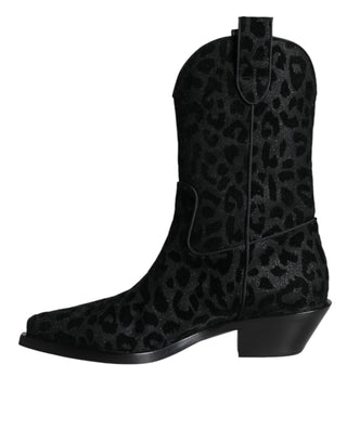 Dolce &amp; Gabbana Black Gray Leopard Cowboy Boots Shoes