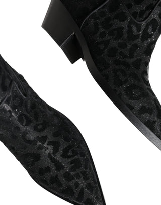 Dolce &amp; Gabbana Black Gray Leopard Cowboy Boots Shoes