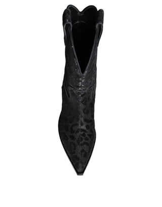 Dolce &amp; Gabbana Black Gray Leopard Cowboy Boots Shoes