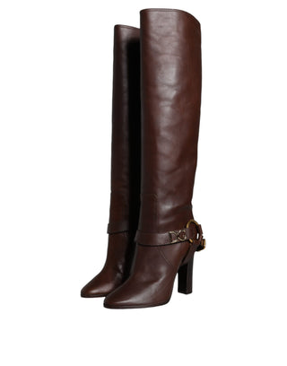 Dolce &amp; Gabbana Brown Leather Gold Tone Logo High Boots Shoes