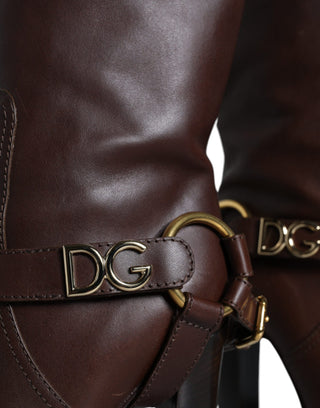 Dolce &amp; Gabbana Brown Leather Gold Tone Logo High Boots Shoes