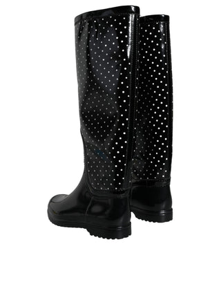 Dolce & Gabbana Black Polka Dot Rubber Knee High Boots Shoes